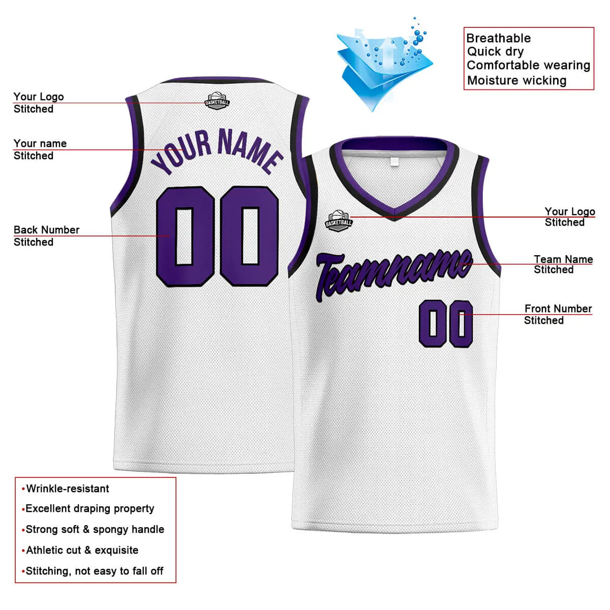 Custom Stitched Basketball Jersey for Men, Women  And Kids White-Purple-Black enthsush