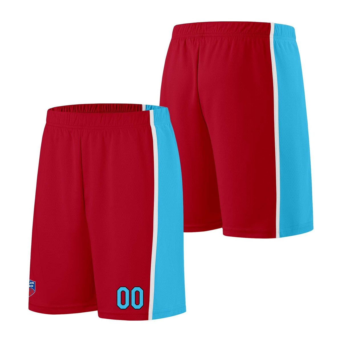 Custom basketball jersey shorts for men and women. Embroidered and printed name, number and logo Red&Light Blue enthsush