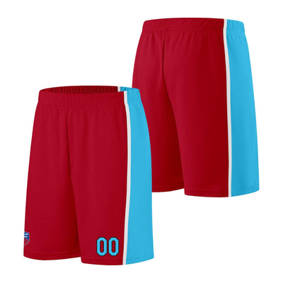 Custom basketball jersey shorts for men and women. Embroidered and printed name, number and logo Red&Light Blue enthsush