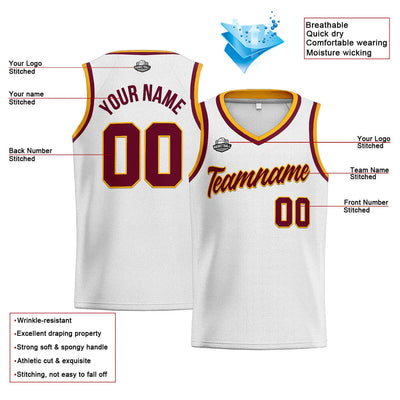 Custom Stitched Basketball Jersey for Men, Women  And Kids White-Burgundy-Yellow enthsush