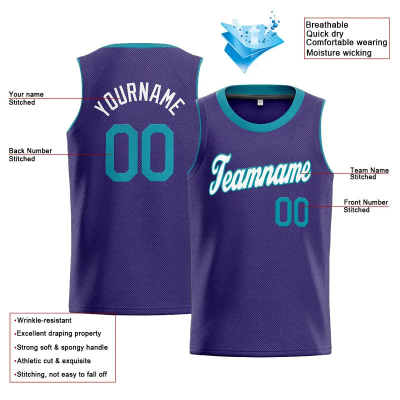 Custom Stitched Basketball Jersey for Men, Women And Kids Purple-Teal-White enthsush