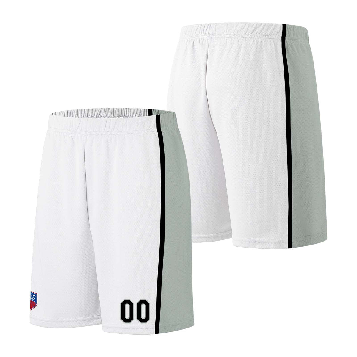 Custom basketball jersey shorts for men and women. Embroidered and printed name, number and logo White&Grey enthsush