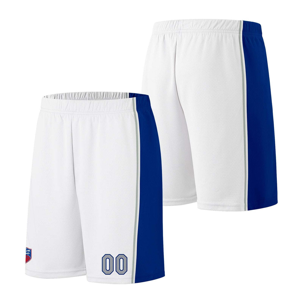 Custom basketball jersey shorts for men and women. Embroidered and printed name, number and logo White enthsush