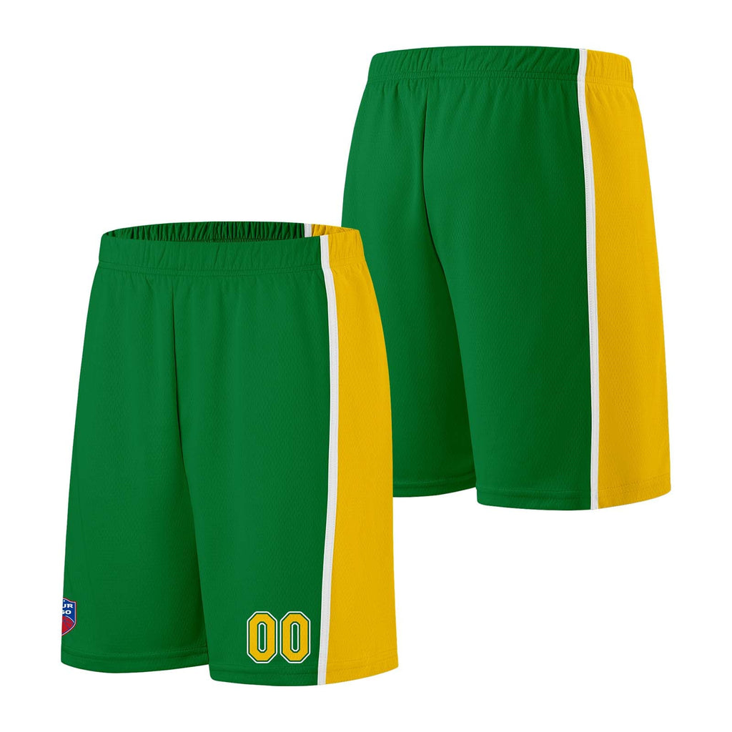 Custom basketball jersey shorts for men and women. Embroidered and printed name, number and logo Green&Yellow enthsush