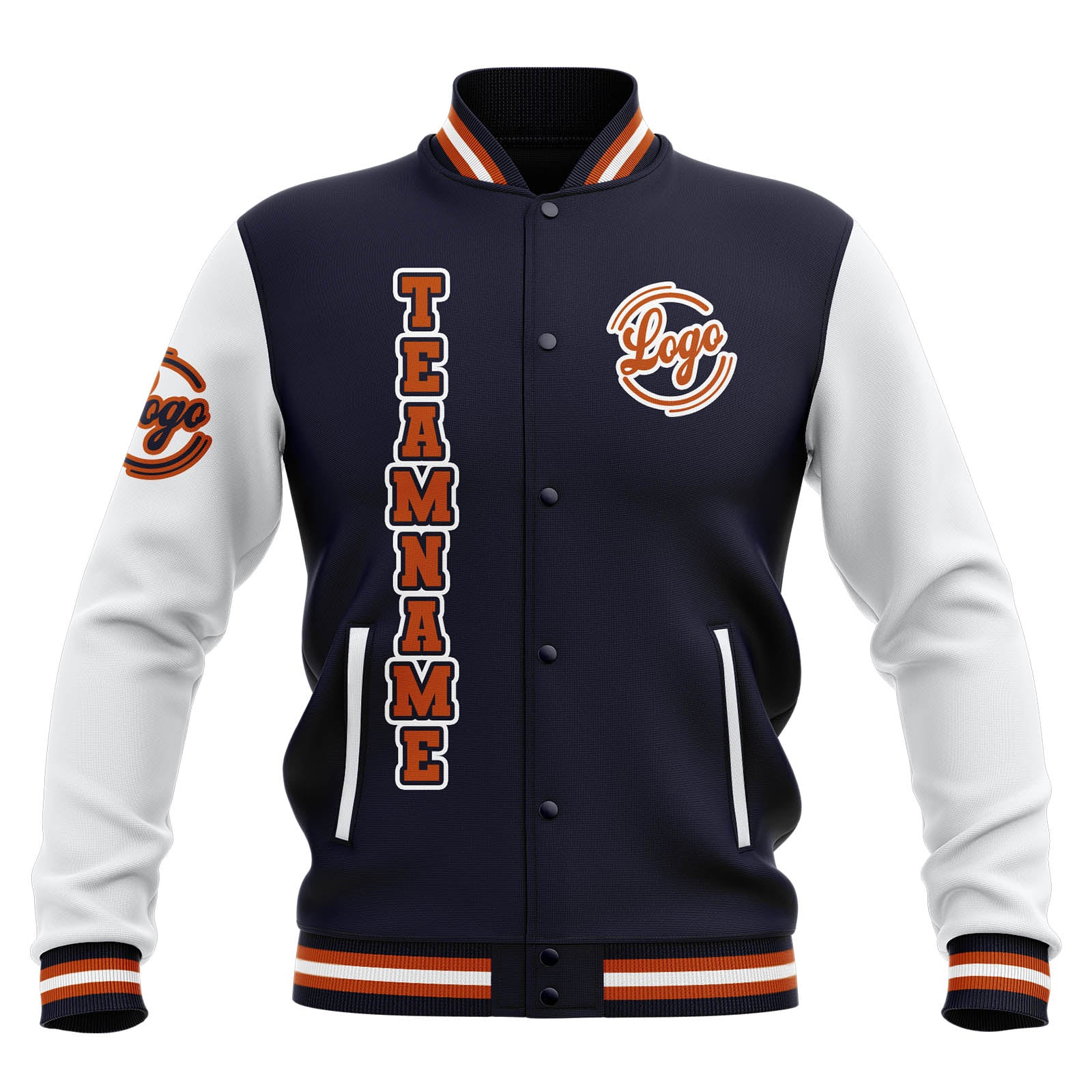Custom Navy White Orange Waterproof Varsity Jackets Personalized Stitched Name Number Logo to Letterman Jackets enthsush