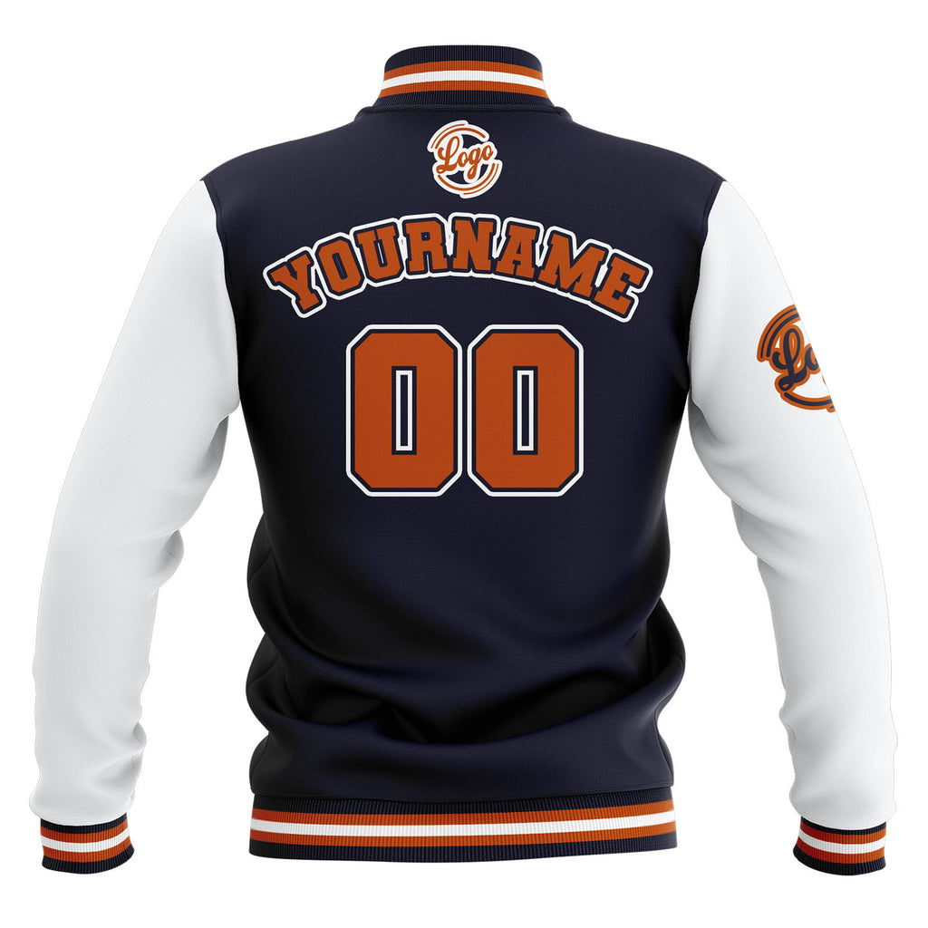Custom Navy White Orange Waterproof Varsity Jackets Personalized Stitched Name Number Logo to Letterman Jackets enthsush