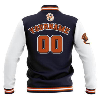 Custom Navy White Orange Waterproof Varsity Jackets Personalized Stitched Name Number Logo to Letterman Jackets enthsush
