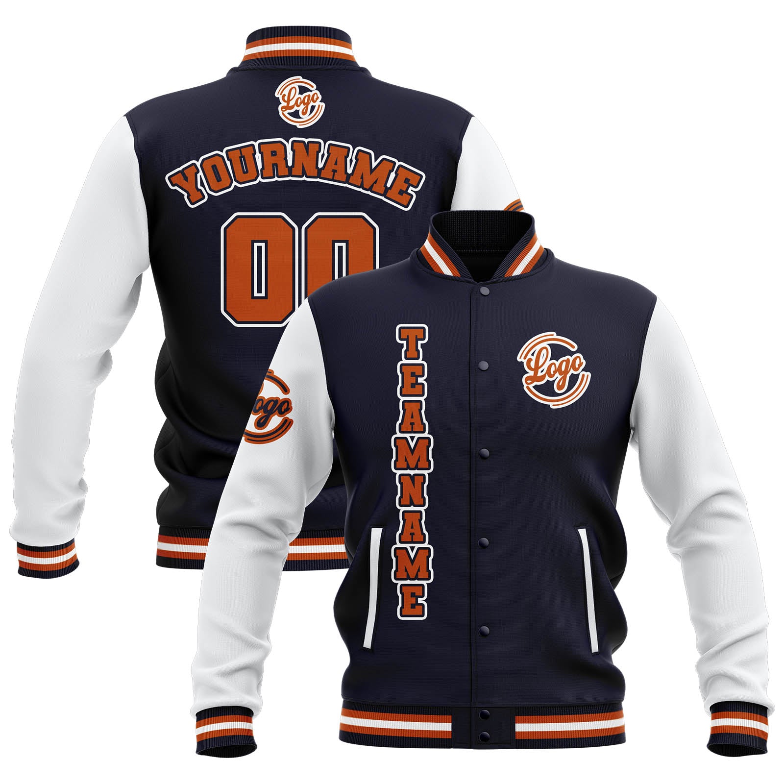 Custom Navy White Orange Waterproof Varsity Jackets Personalized Stitched Name Number Logo to Letterman Jackets enthsush
