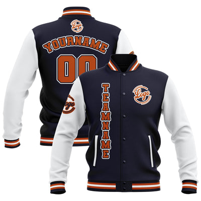 Custom Navy White Orange Waterproof Varsity Jackets Personalized Stitched Name Number Logo to Letterman Jackets enthsush