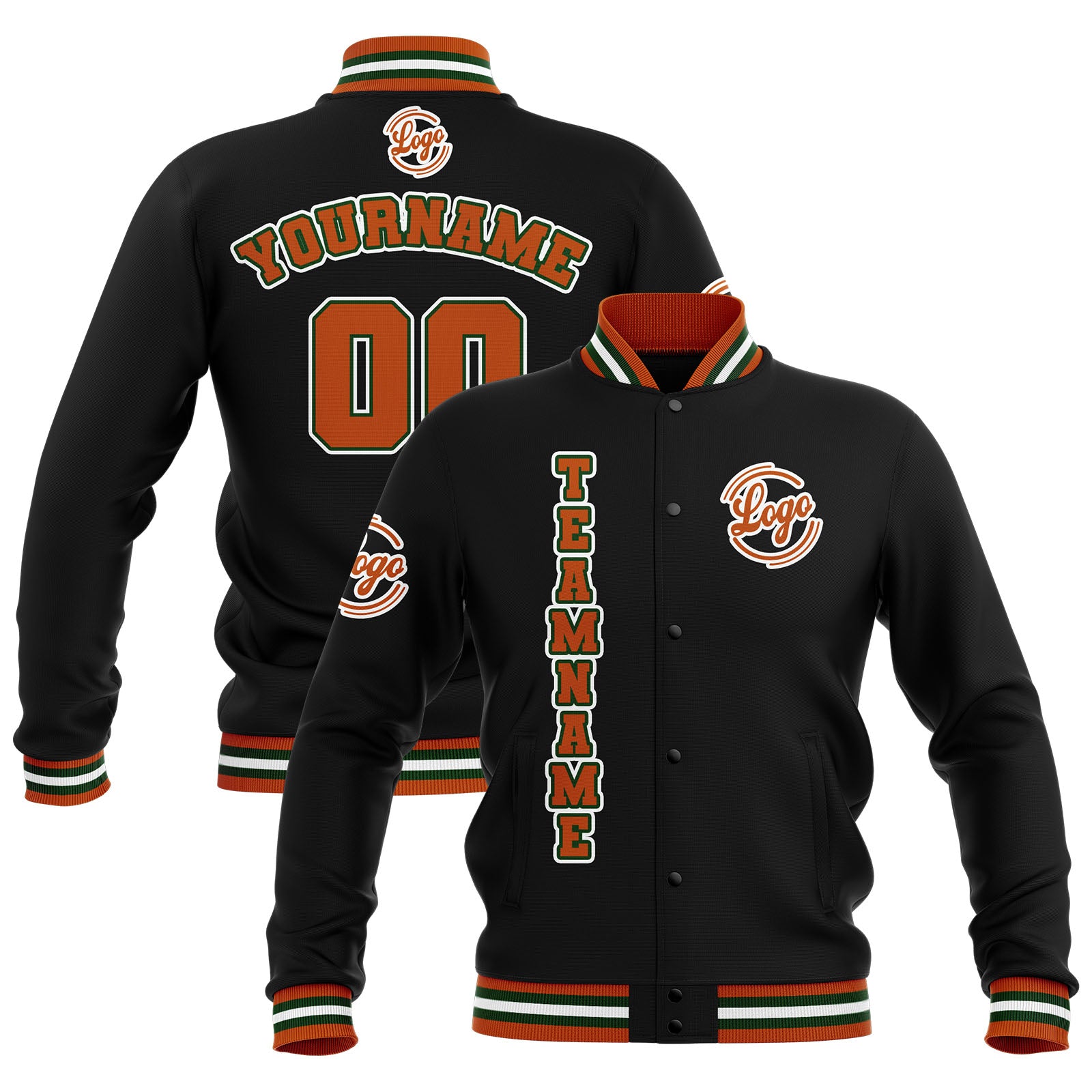 Custom Black Orange Green Waterproof Varsity Jackets Personalized Stitched Name Number Logo to Letterman Jackets enthsush