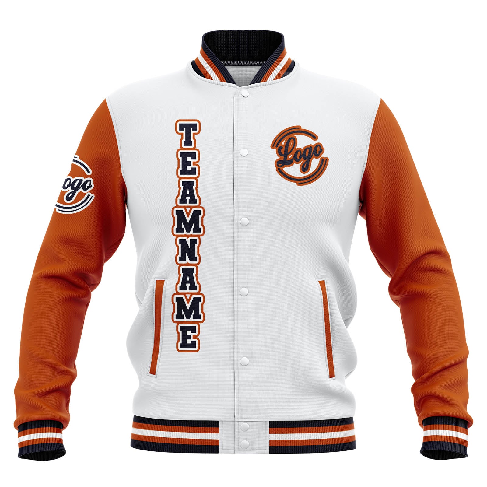 Custom White Orange Navy Waterproof Varsity Jackets Personalized Stitched Name Number Logo to Letterman Jackets enthsush