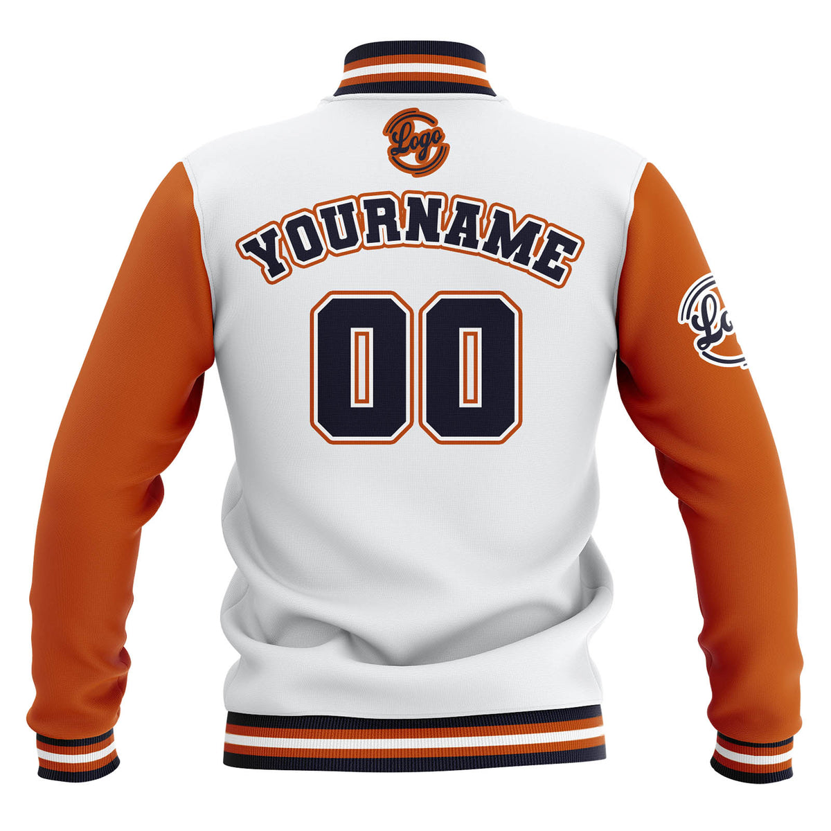 Custom White Orange Navy Waterproof Varsity Jackets Personalized Stitched Name Number Logo to Letterman Jackets enthsush