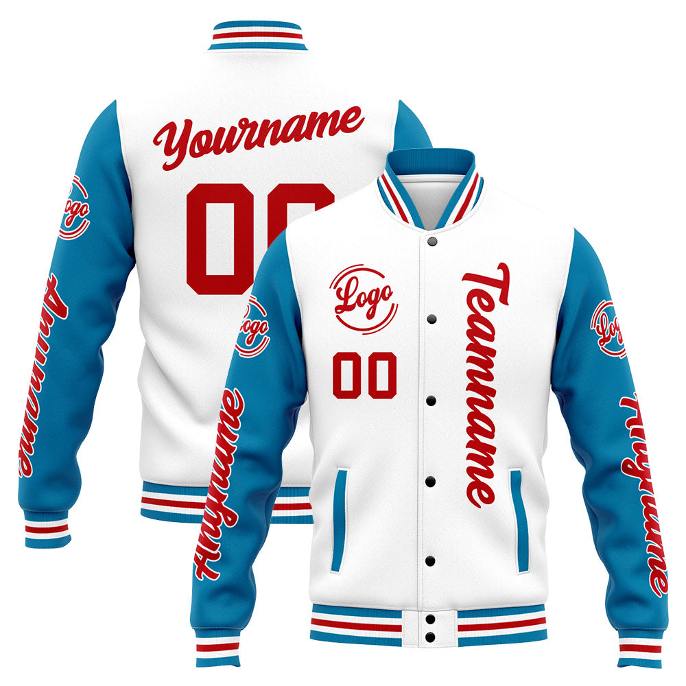 Custom Varsity Jacket Letterman jacket for Men, Women and Youth Blue White Red enthsush