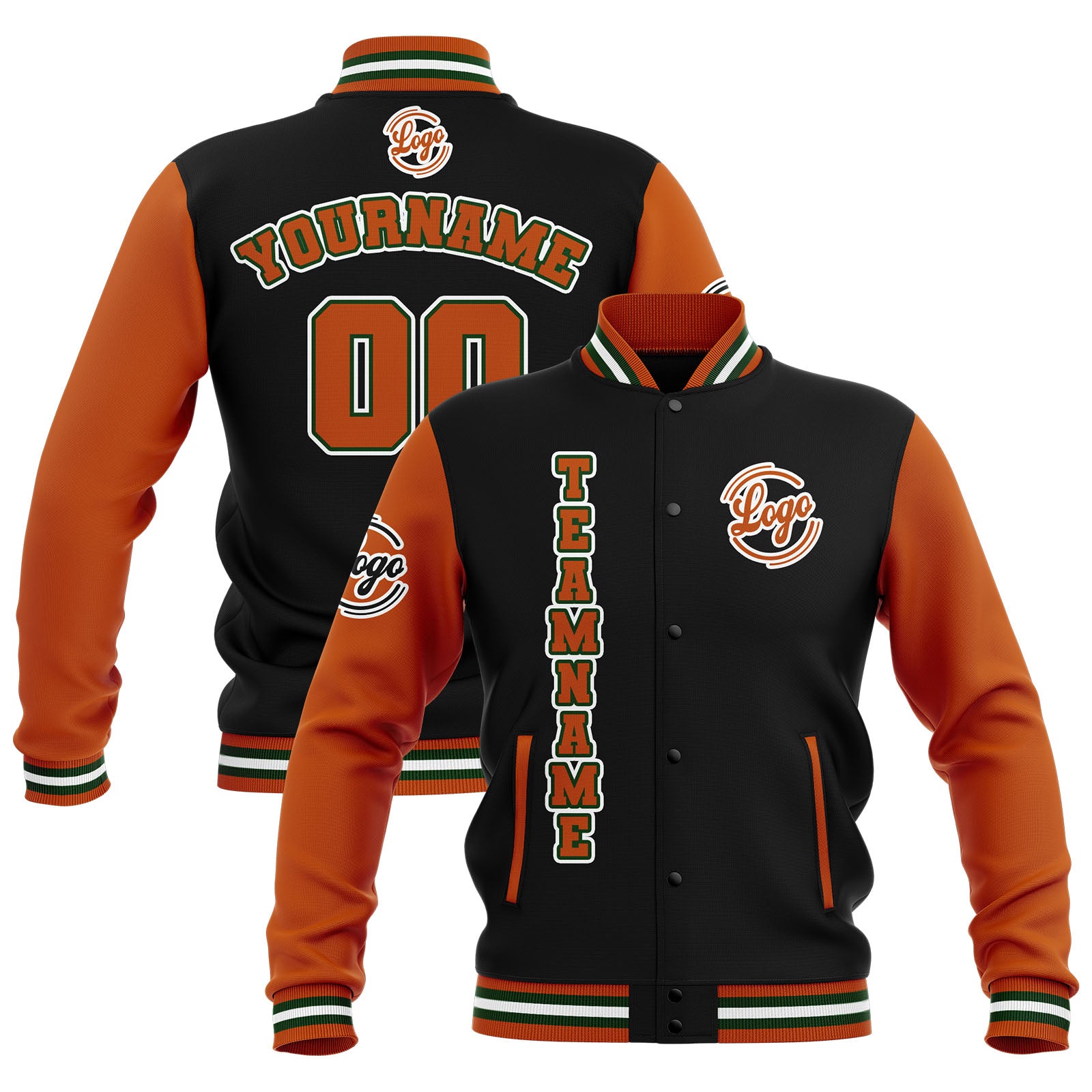 Custom Black Orange Green Waterproof Varsity Jackets Personalized Stitched Name Number Logo to Letterman Jackets enthsush