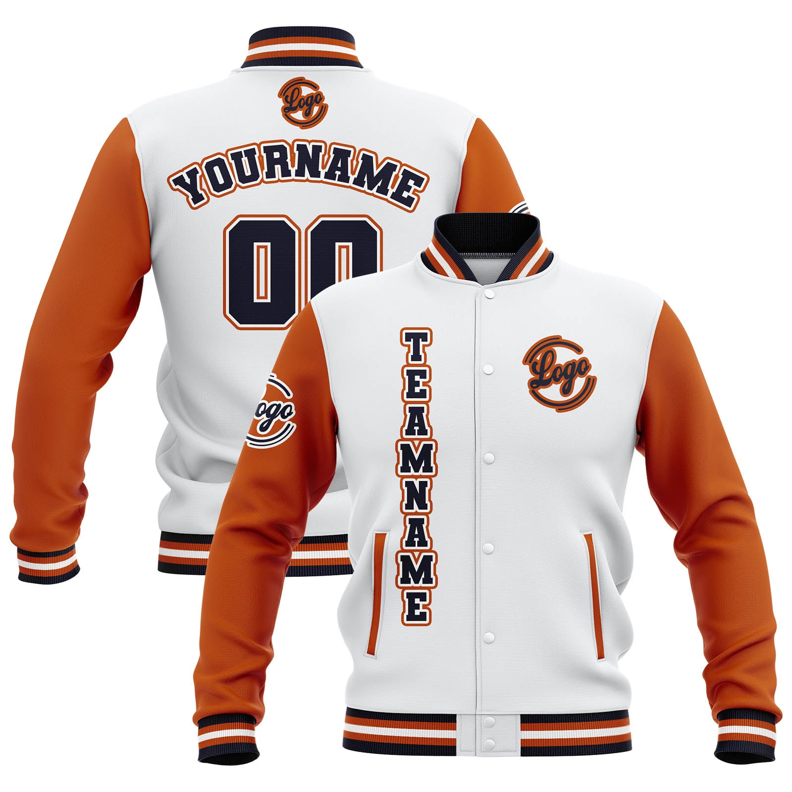 Custom White Orange Navy Waterproof Varsity Jackets Personalized Stitched Name Number Logo to Letterman Jackets enthsush