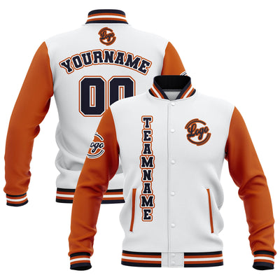 Custom White Orange Navy Waterproof Varsity Jackets Personalized Stitched Name Number Logo to Letterman Jackets enthsush