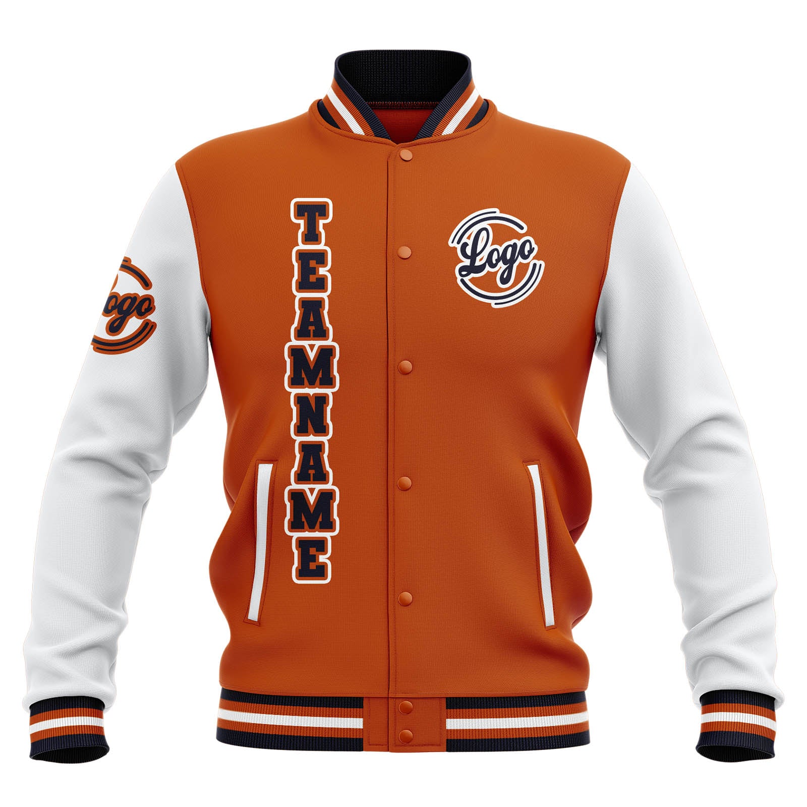 Custom Orange White Navy Waterproof Varsity Jackets Personalized Stitched Name Number Logo to Letterman Jackets enthsush