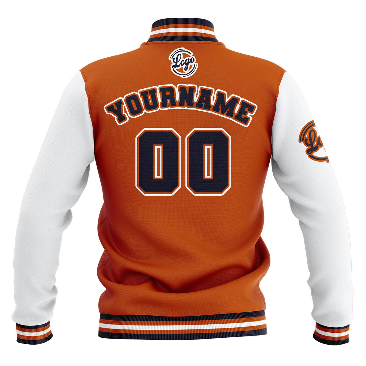 Custom Orange White Navy Waterproof Varsity Jackets Personalized Stitched Name Number Logo to Letterman Jackets enthsush