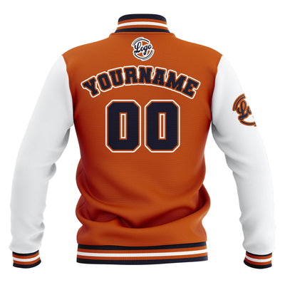 Custom Orange White Navy Waterproof Varsity Jackets Personalized Stitched Name Number Logo to Letterman Jackets enthsush