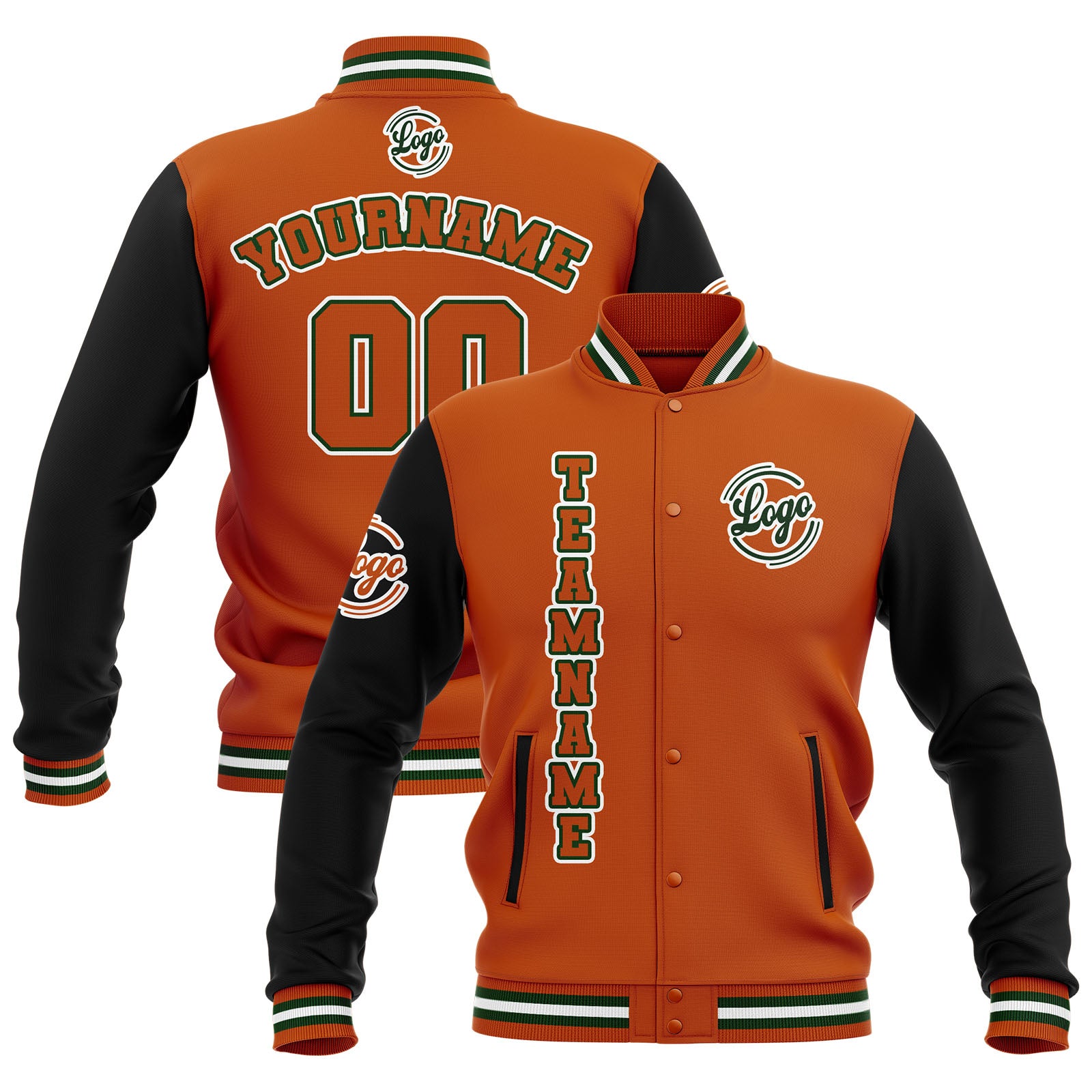 Custom Black Orange Green Waterproof Varsity Jackets Personalized Stitched Name Number Logo to Letterman Jackets enthsush