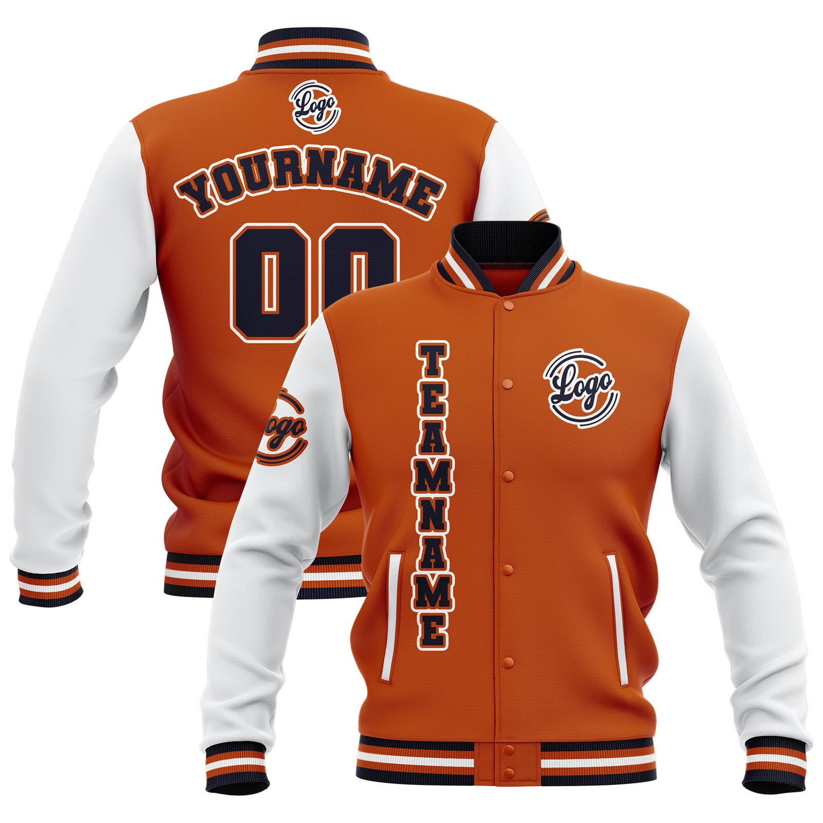 Custom Orange White Navy Waterproof Varsity Jackets Personalized Stitched Name Number Logo to Letterman Jackets enthsush