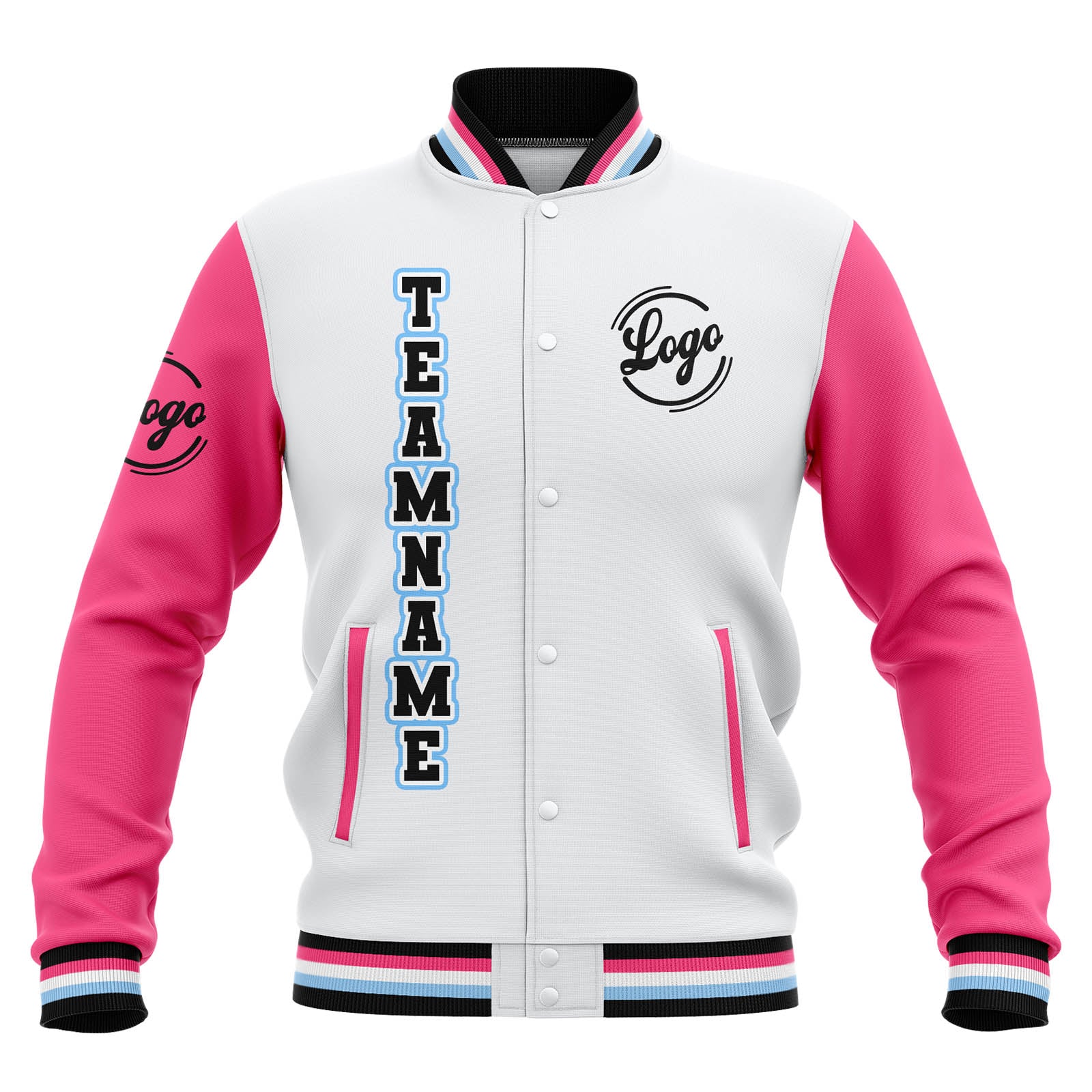 Custom White Pink Black Waterproof Varsity Jackets Personalized Stitched Name Number Logo to Letterman Jackets enthsush