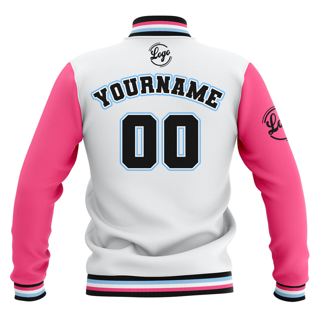 Custom White Pink Black Waterproof Varsity Jackets Personalized Stitched Name Number Logo to Letterman Jackets enthsush
