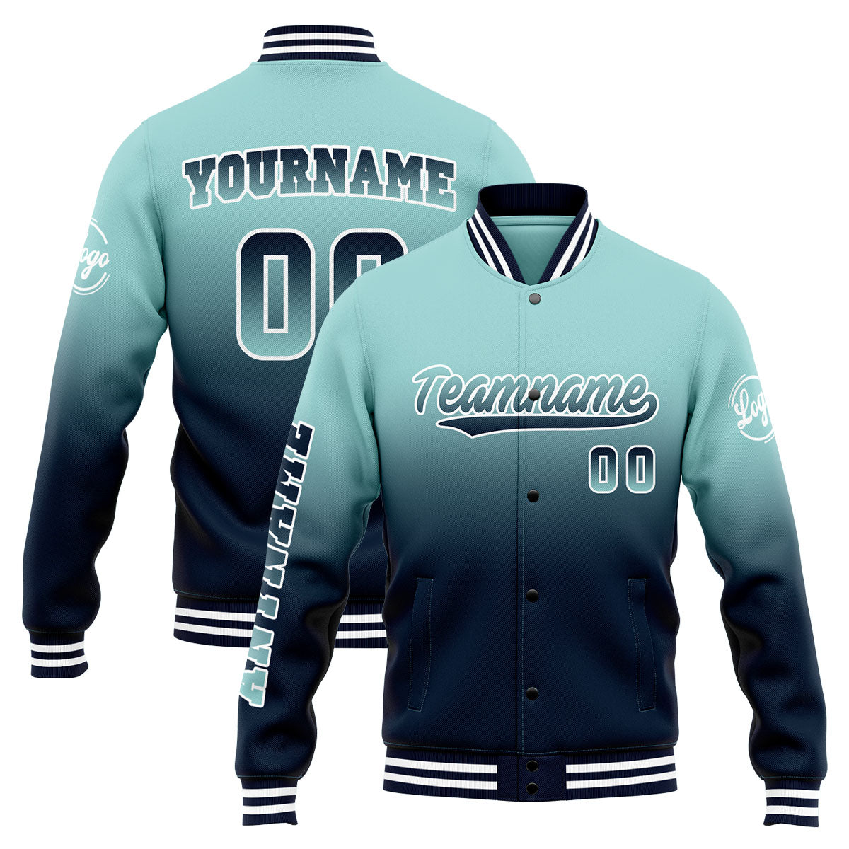 Custom Gradient Varsity Jacket Letterman jacket for Men, Women and Youth Light Teal&Navy enthsush