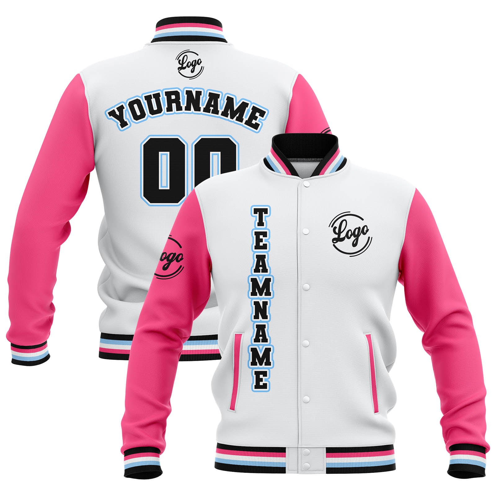 Custom White Pink Black Waterproof Varsity Jackets Personalized Stitched Name Number Logo to Letterman Jackets enthsush