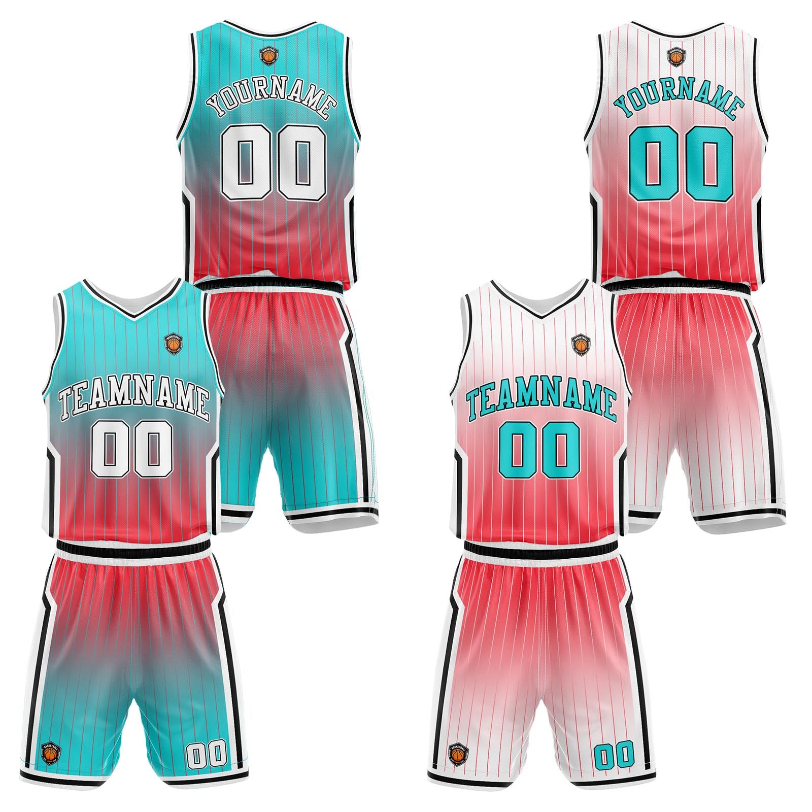 Custom Gradient Teal Light Red Reversible Basketball Suit for Adults and Kids Personalized Jersey enthsush