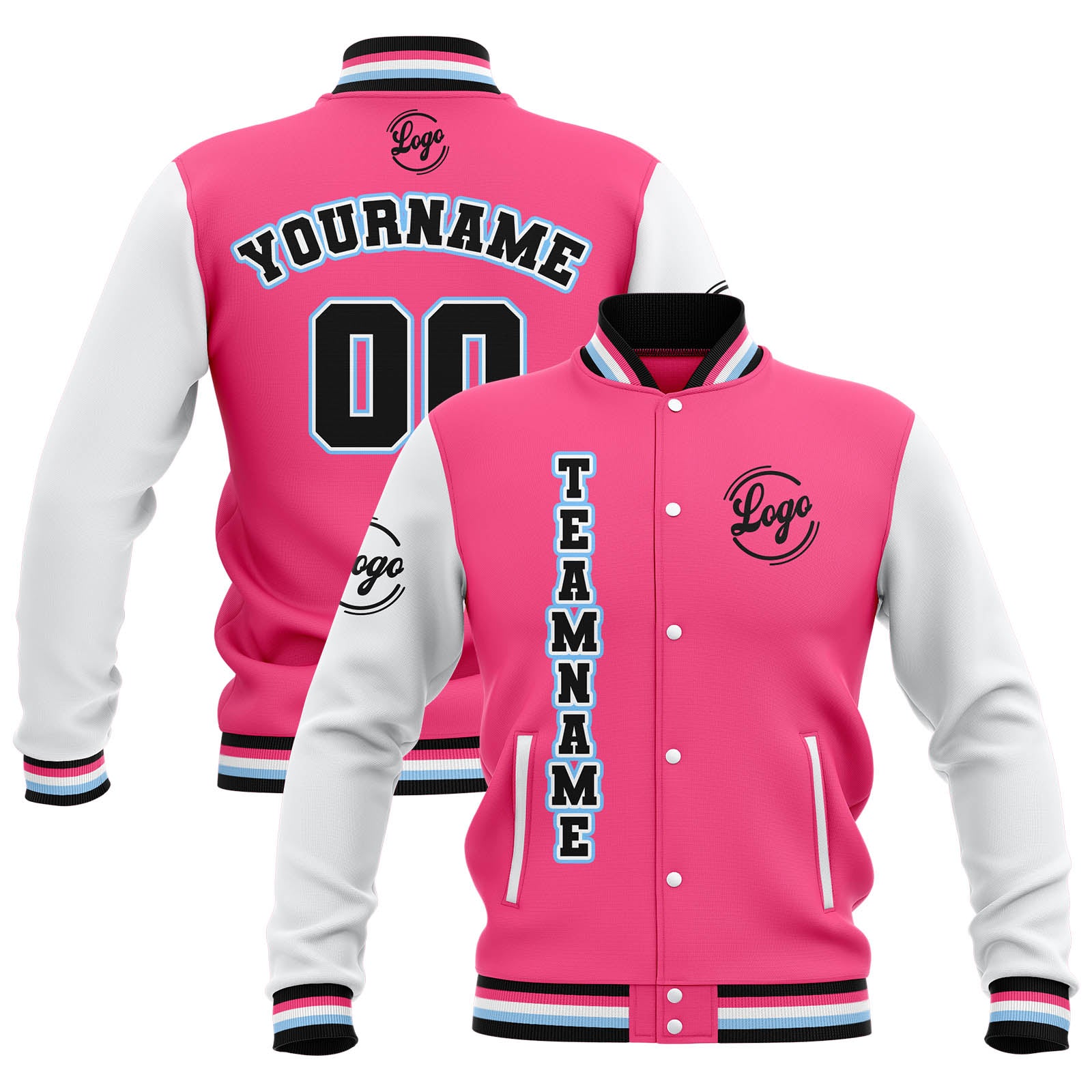 Custom Pink White Black Waterproof Varsity Jackets Personalized Stitched Name Number Logo to Letterman Jackets enthsush