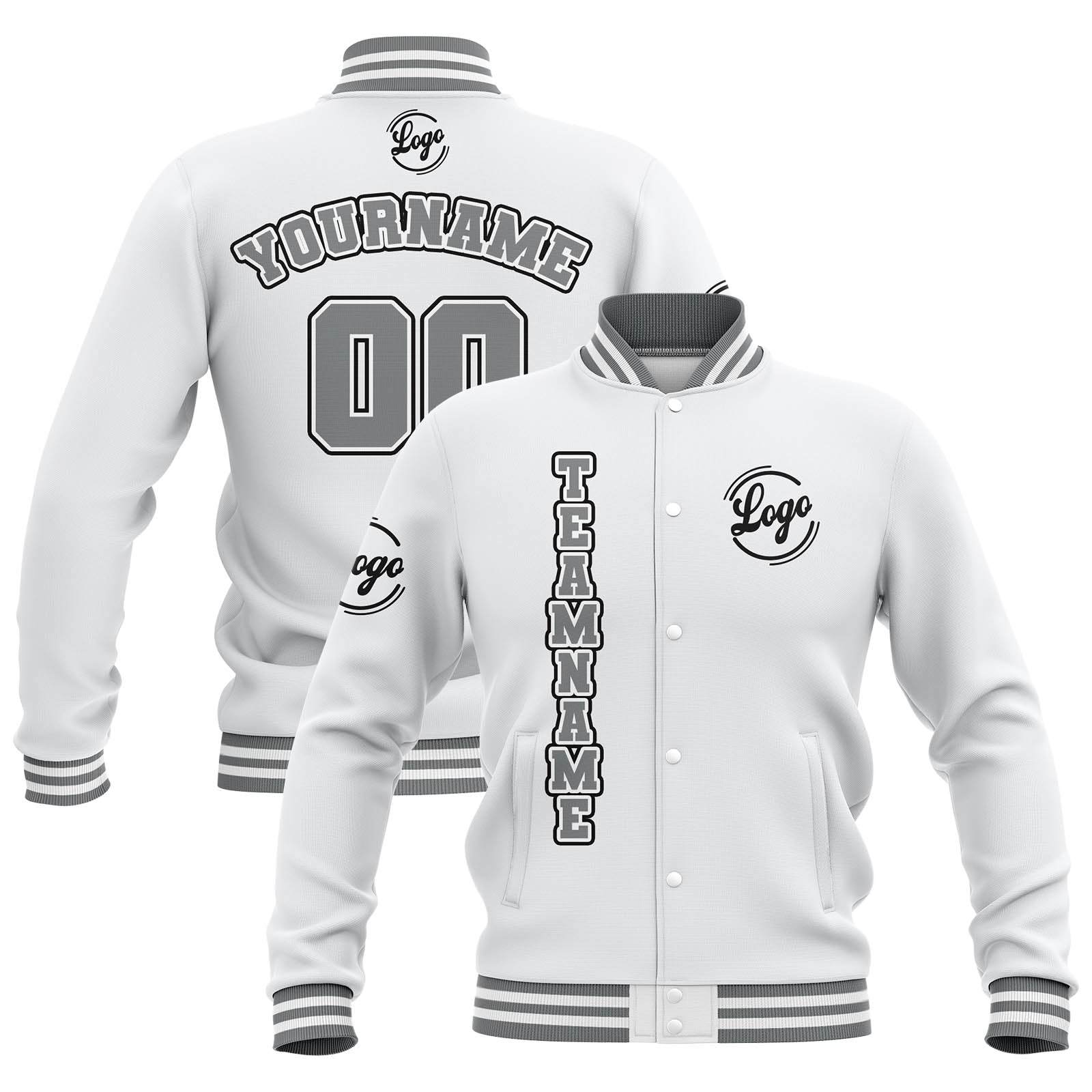 Custom White Grey Waterproof Varsity Jackets Personalized Stitched Name Number Logo to Letterman Jackets enthsush