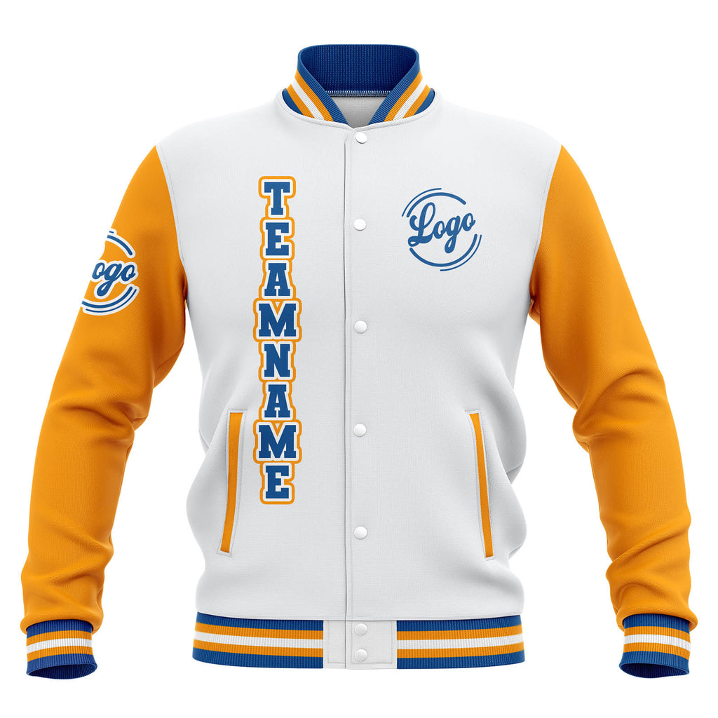 Custom White Yellow Blue Waterproof Varsity Jackets Personalized Stitched Name Number Logo to Letterman Jackets enthsush