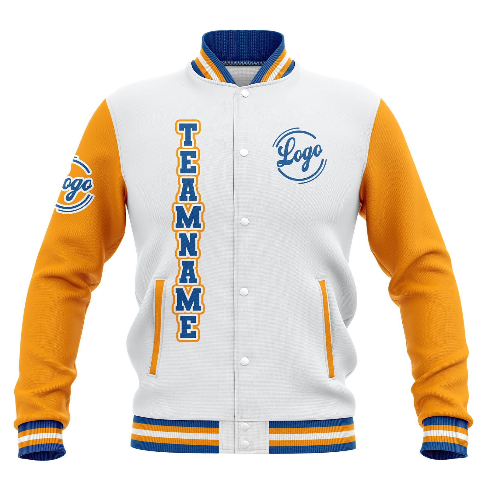 Custom White Yellow Blue Waterproof Varsity Jackets Personalized Stitched Name Number Logo to Letterman Jackets enthsush
