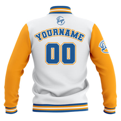 Custom White Yellow Blue Waterproof Varsity Jackets Personalized Stitched Name Number Logo to Letterman Jackets enthsush