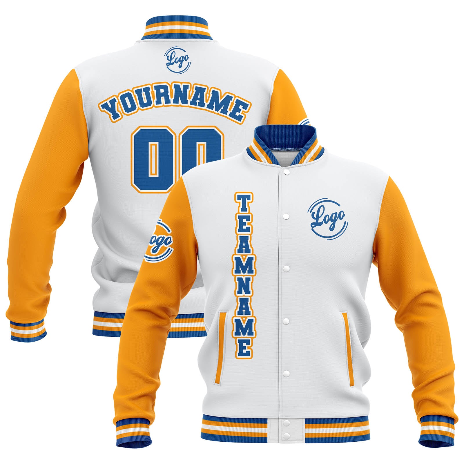 Custom White Yellow Blue Waterproof Varsity Jackets Personalized Stitched Name Number Logo to Letterman Jackets enthsush