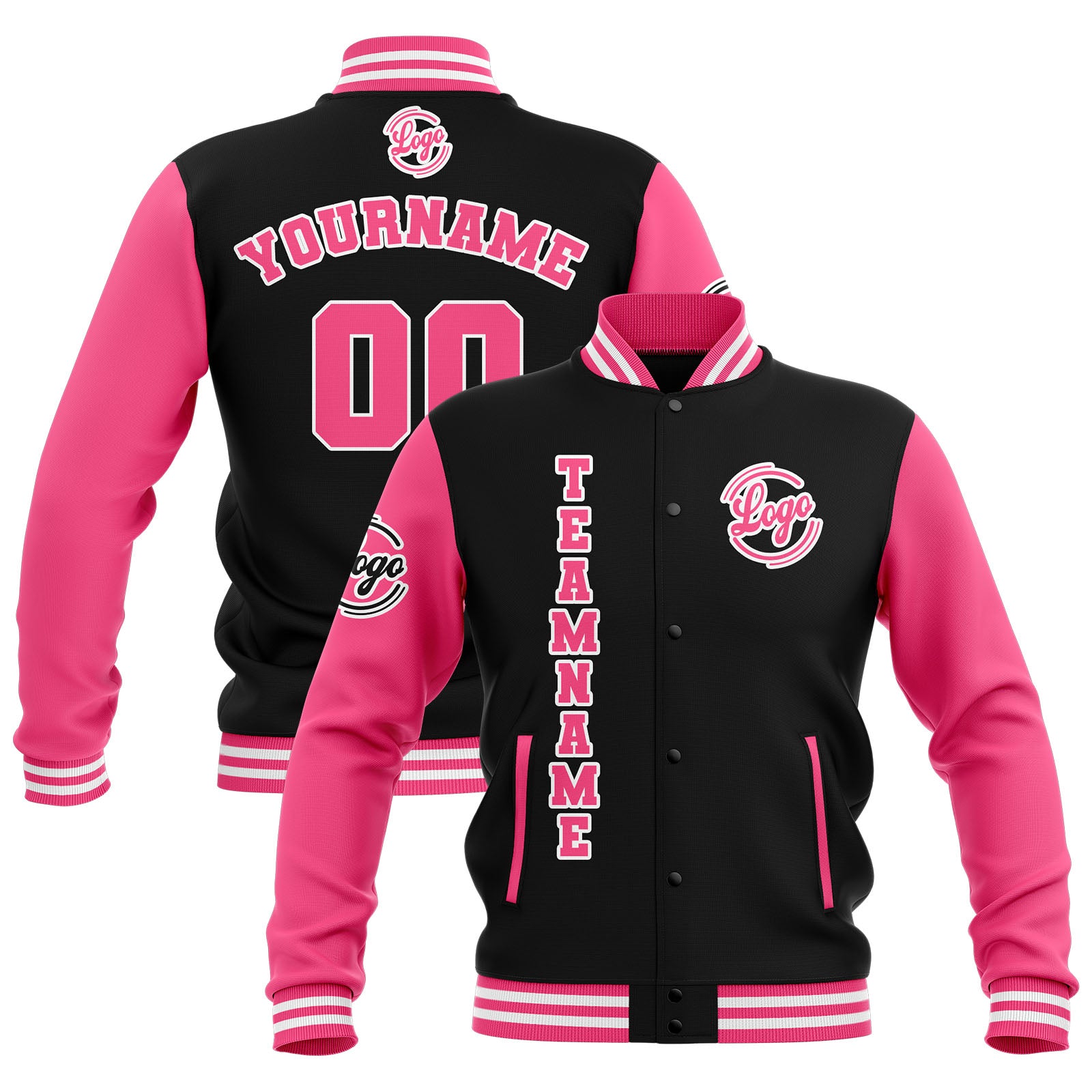 Custom Black Pink White Waterproof Varsity Jackets Personalized Stitched Name Number Logo to Letterman Jackets enthsush