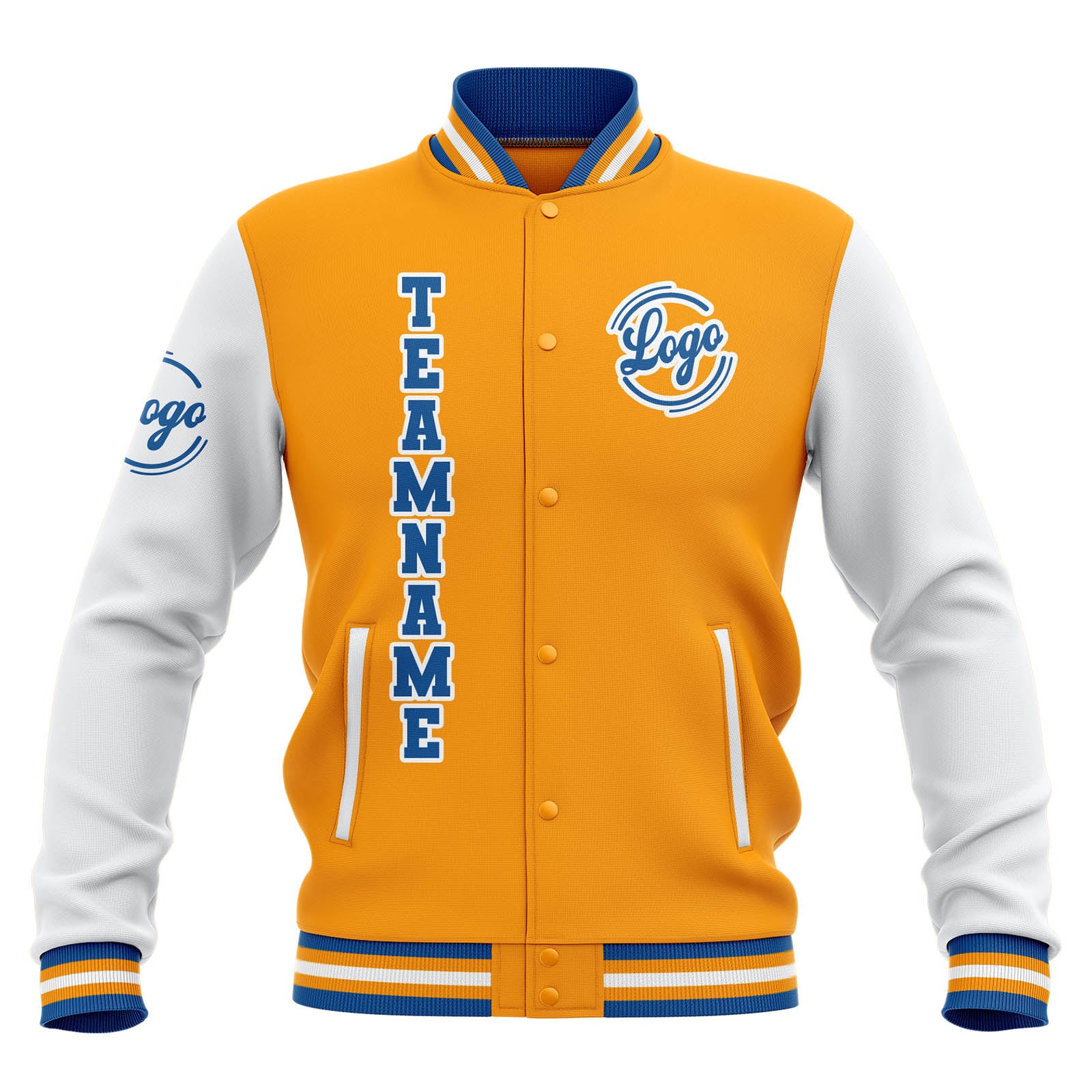 Custom Yellow White Blue Waterproof Varsity Jackets Personalized Stitched Name Number Logo to Letterman Jackets enthsush