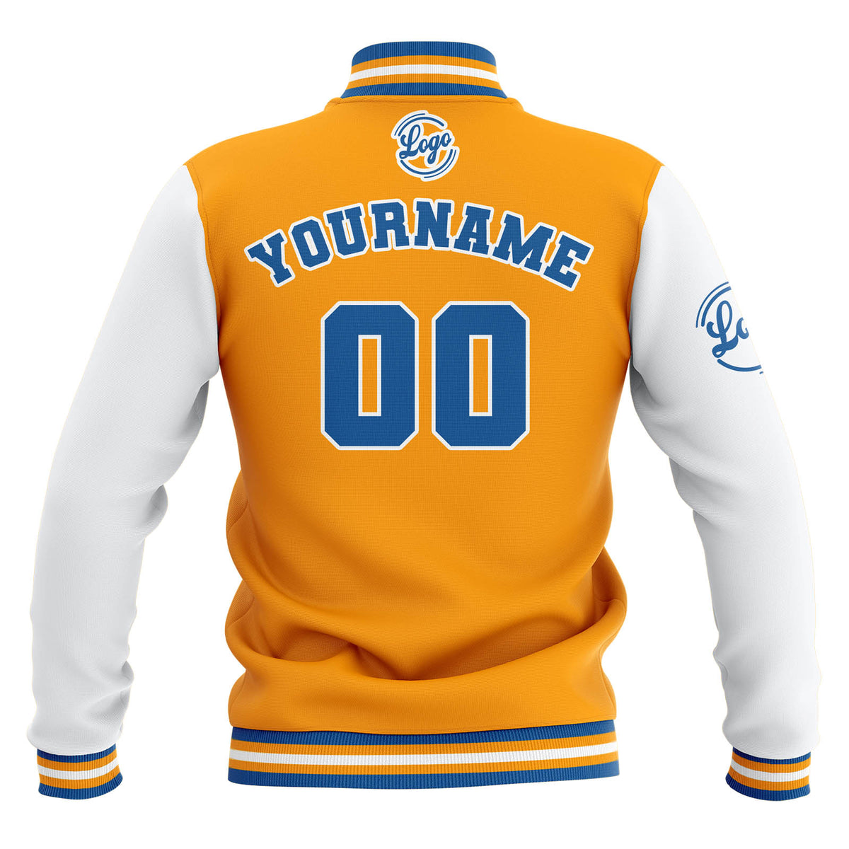 Custom Yellow White Blue Waterproof Varsity Jackets Personalized Stitched Name Number Logo to Letterman Jackets enthsush