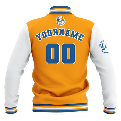 Custom Yellow White Blue Waterproof Varsity Jackets Personalized Stitched Name Number Logo to Letterman Jackets enthsush