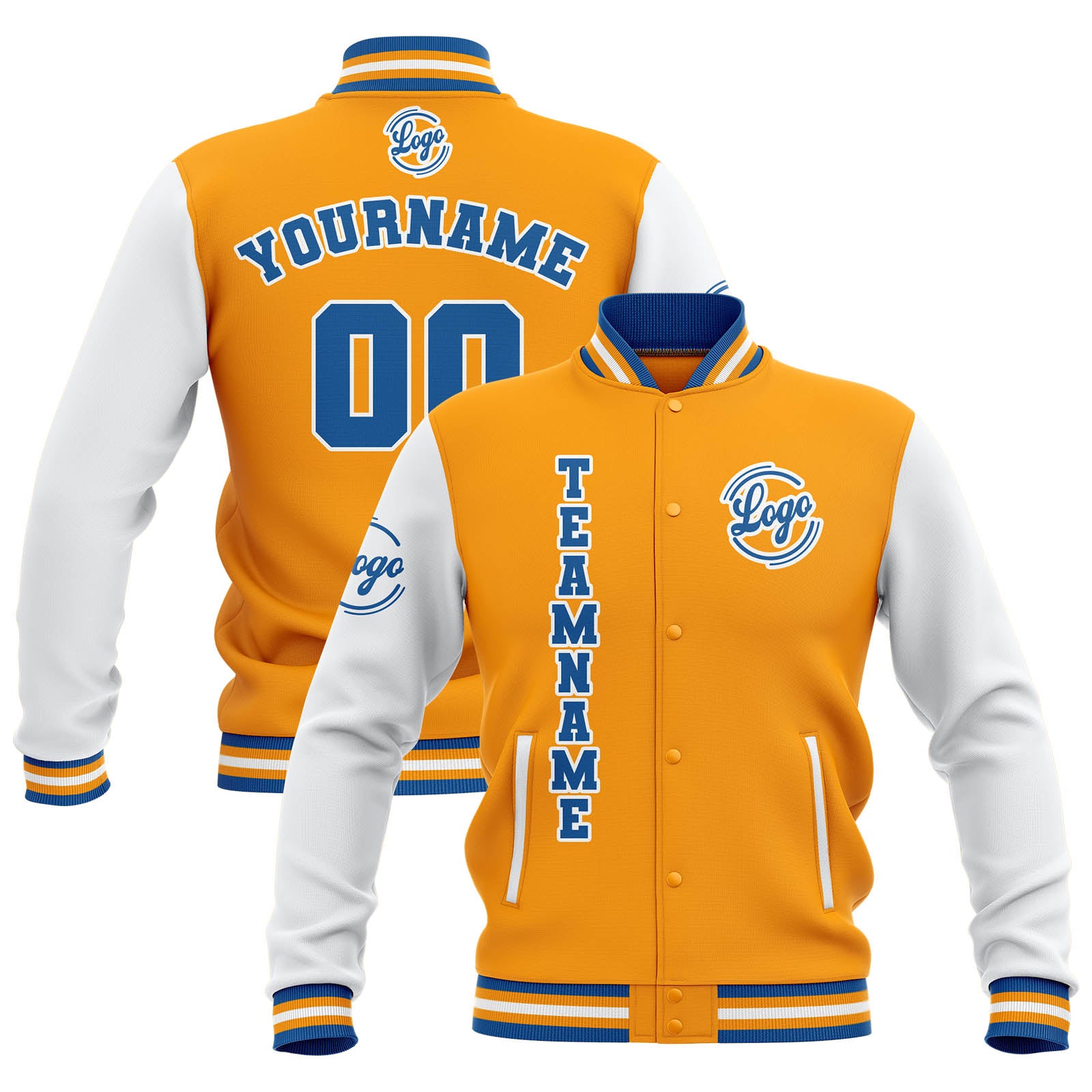 Custom Yellow White Blue Waterproof Varsity Jackets Personalized Stitched Name Number Logo to Letterman Jackets enthsush