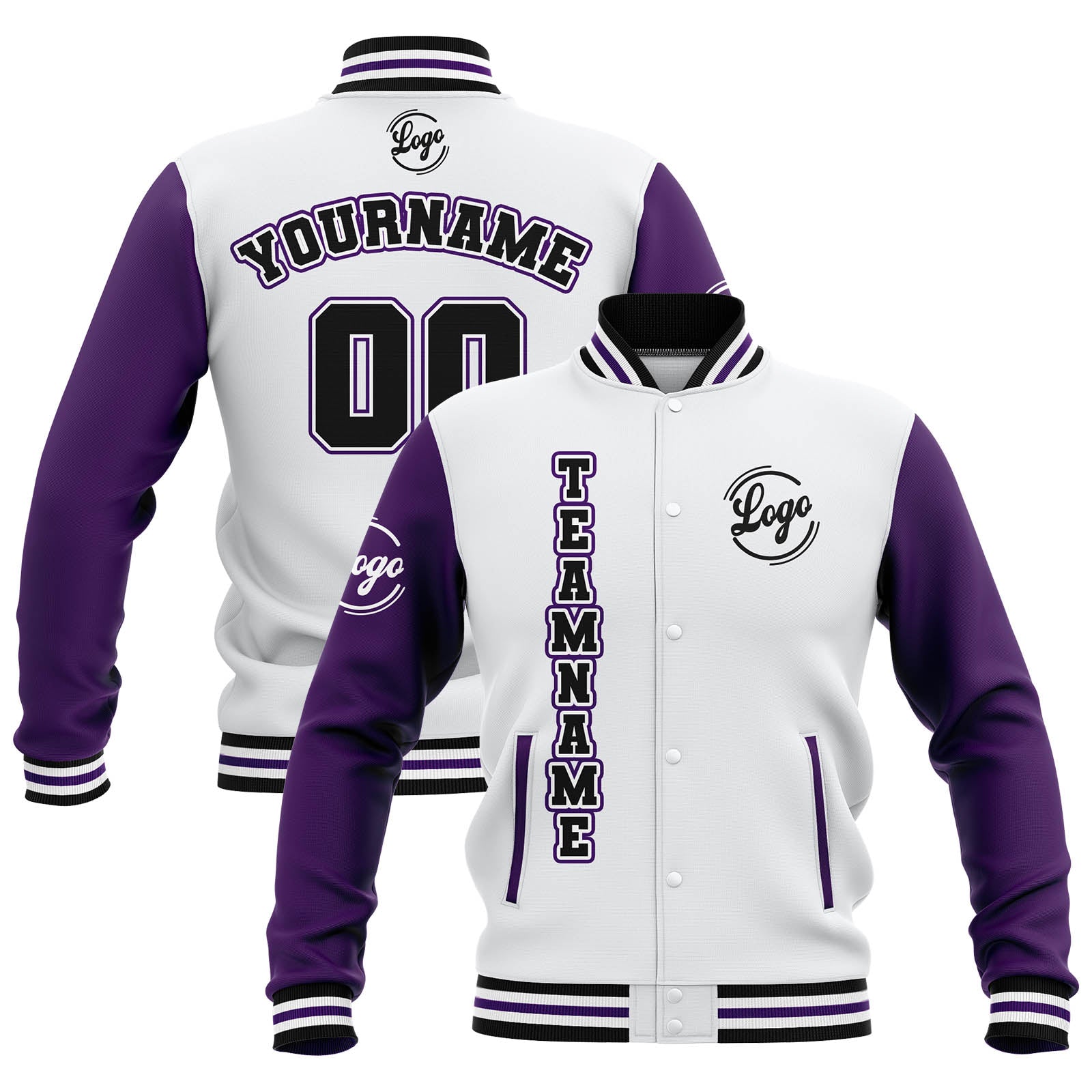 Custom White Purple Black Waterproof Varsity Jackets Personalized Stitched Name Number Logo to Letterman Jackets enthsush