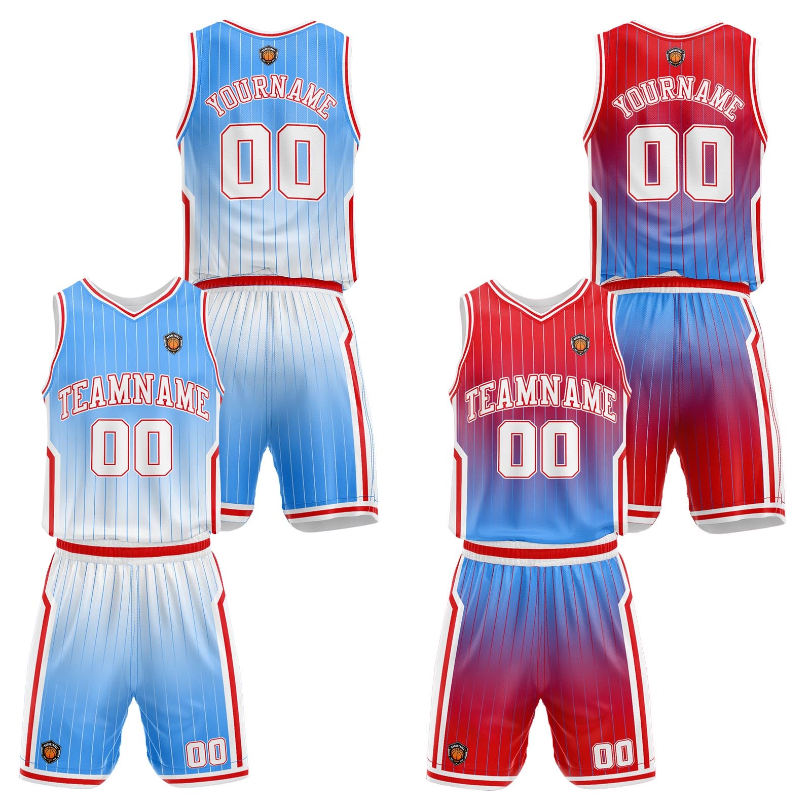 Custom Gradient Lighe Blue Red Reversible Basketball Suit for Adults and Kids Personalized Jersey enthsush