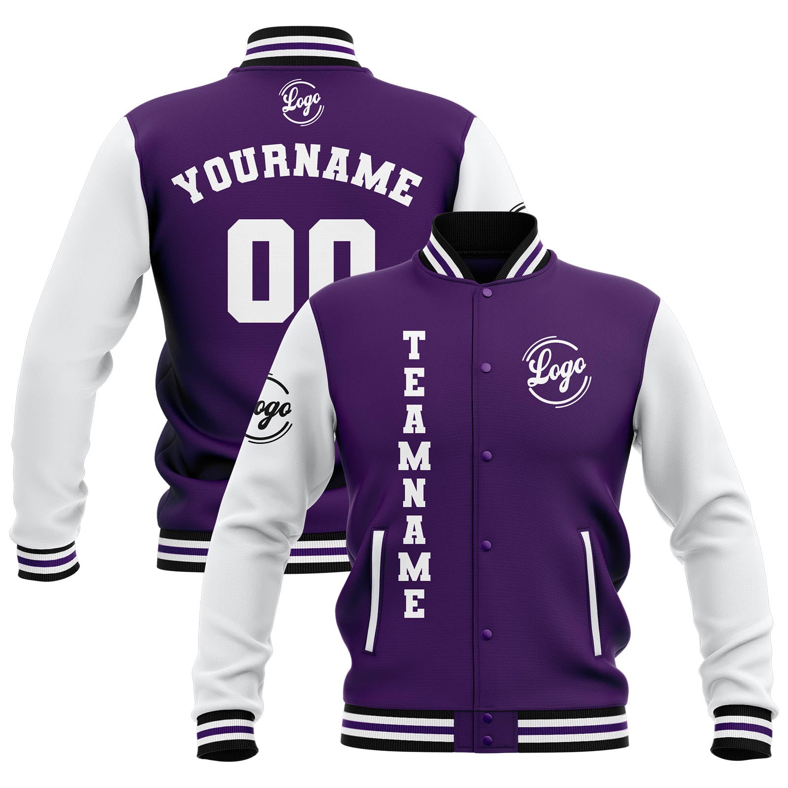 Custom Purple White Black Waterproof Varsity Jackets Personalized Stitched Name Number Logo to Letterman Jackets enthsush