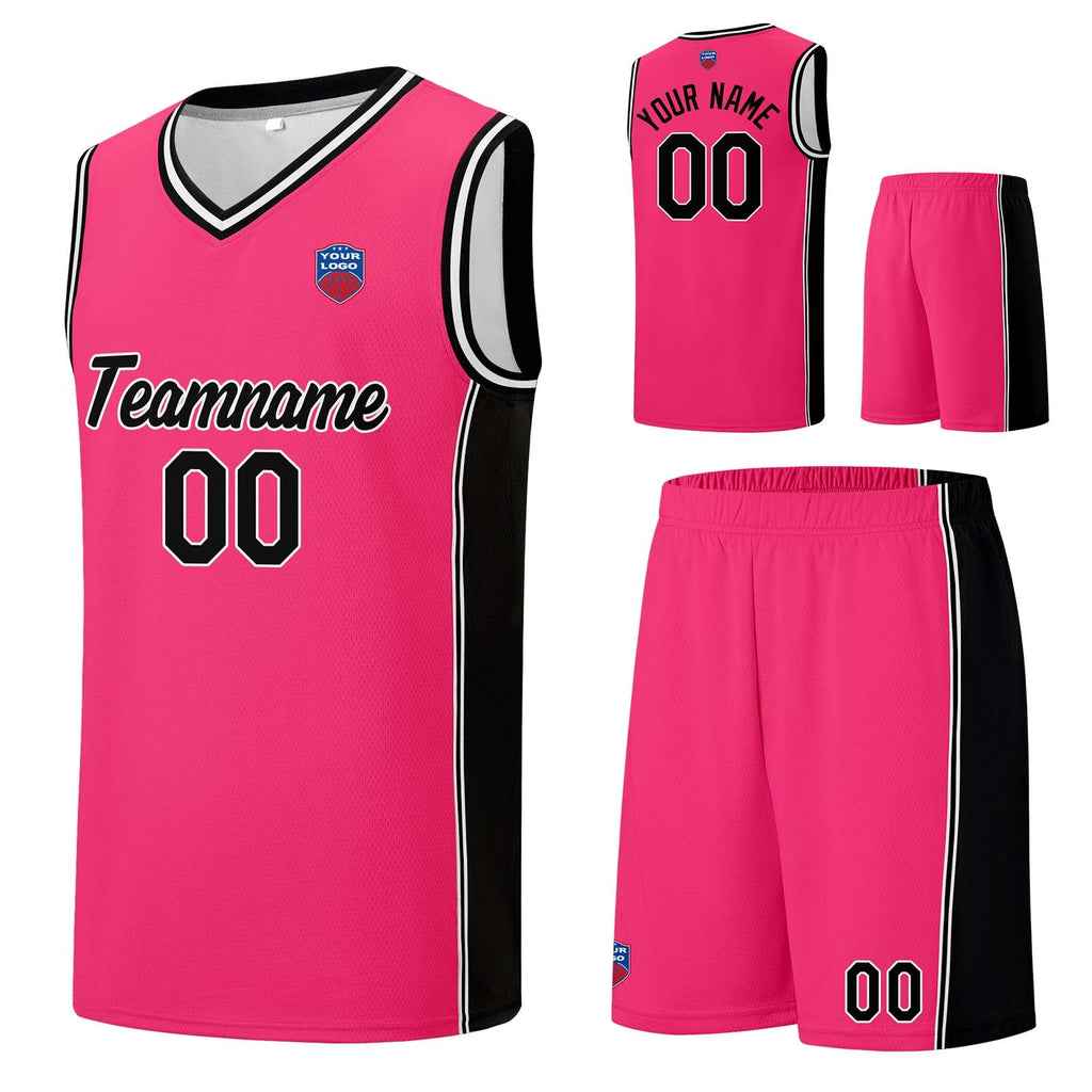 Custom basketball jersey shorts for men and women. Embroidered and printed name, number and logo Pink&Black enthsush