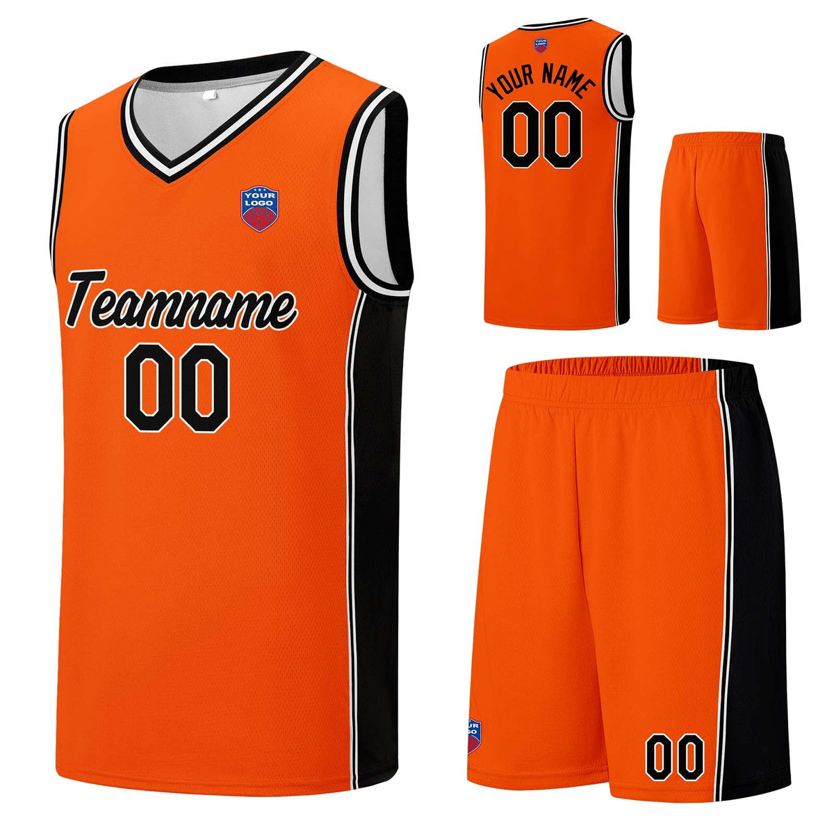 Custom basketball jersey shorts for men and women. Embroidered and printed name, number and logo Orange&Black enthsush