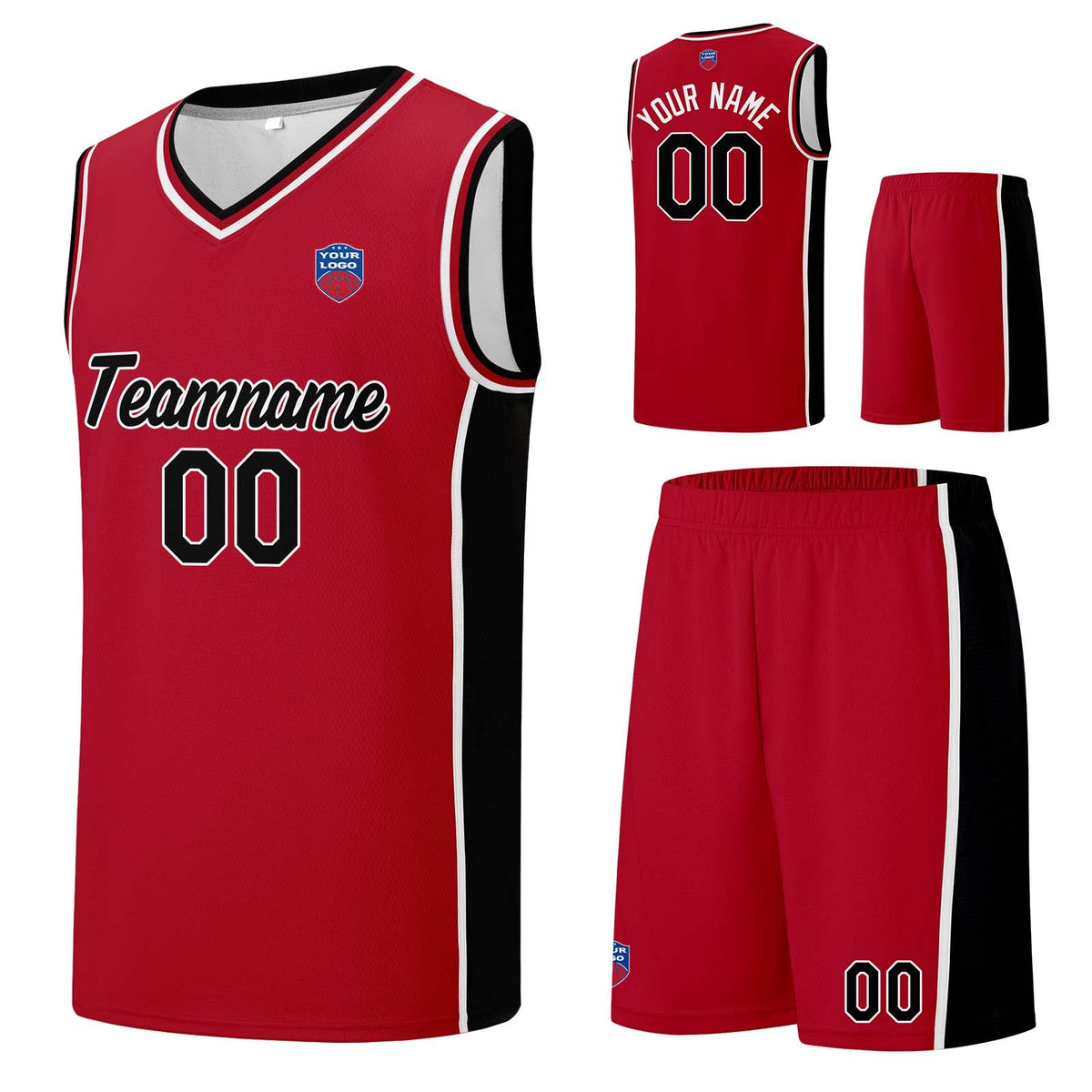 Custom basketball jersey shorts for men and women. Embroidered and printed name, number and logo Red enthsush