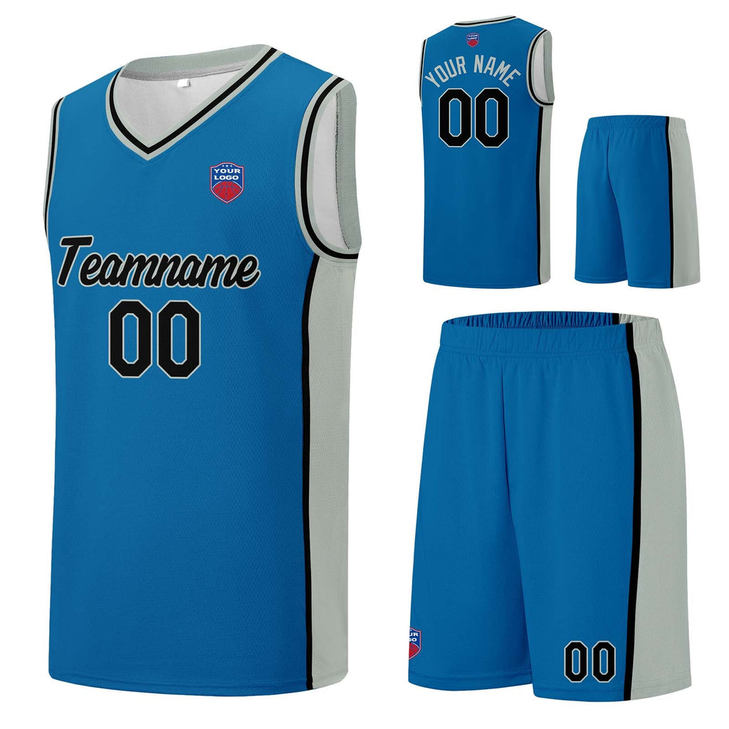 Custom basketball jersey shorts for men and women. Embroidered and printed name, number and logo Blue&Grey enthsush
