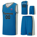 Custom basketball jersey shorts for men and women. Embroidered and printed name, number and logo Blue&Grey