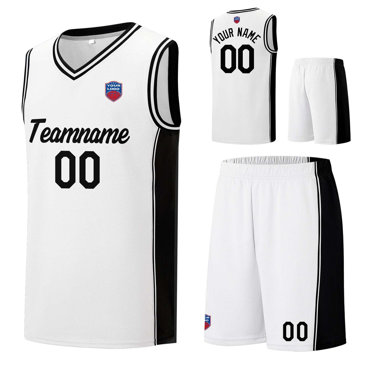 Custom basketball jersey shorts for men and women. Embroidered and printed name, number and logo White enthsush
